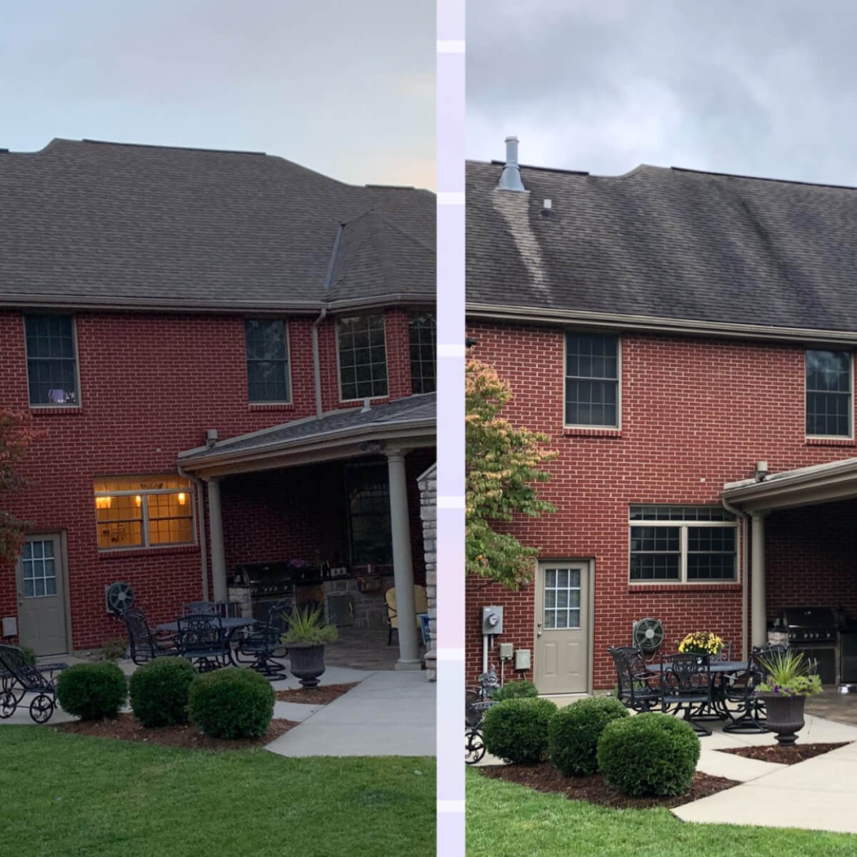 before and after roof washing service in residential area of cincinnati oh